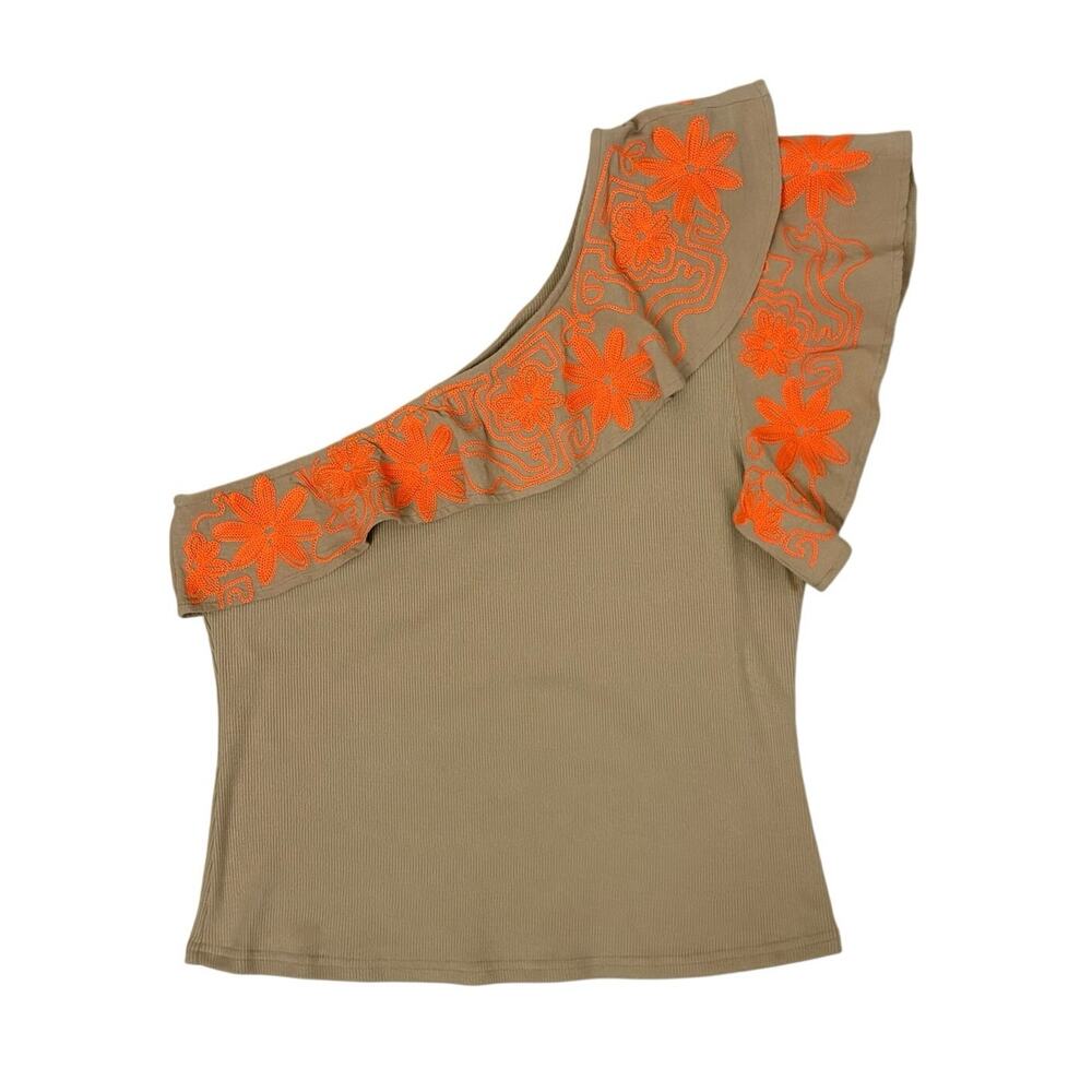 Dolan One Shoulder Tan Ribbed Knit Top Women’s L Orange Embroidered Floral Trim - Picture 3 of 10